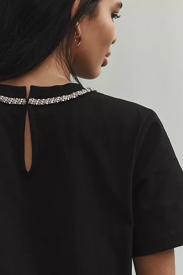 Anthropologie English Factory Rhinestone Bow Tee Black