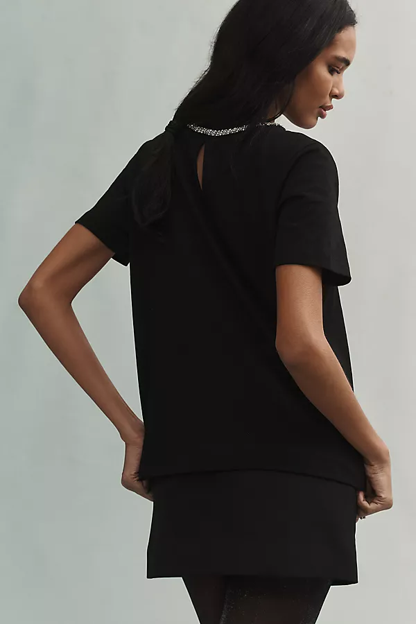 Anthropologie English Factory Rhinestone Bow Tee Black