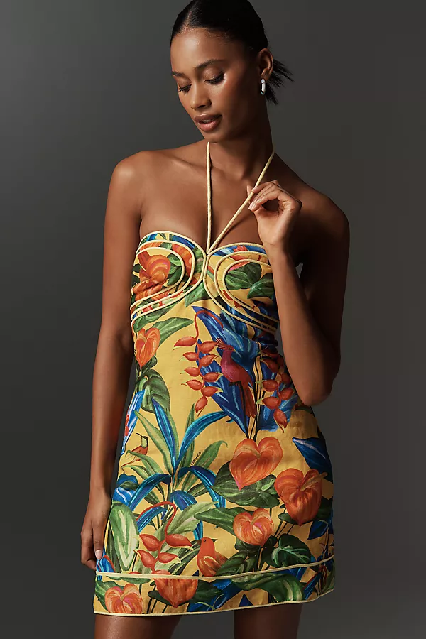 Anthropologie Farm Rio Bright Nature Linen Halter Mini Dress Bright Nature Yellow