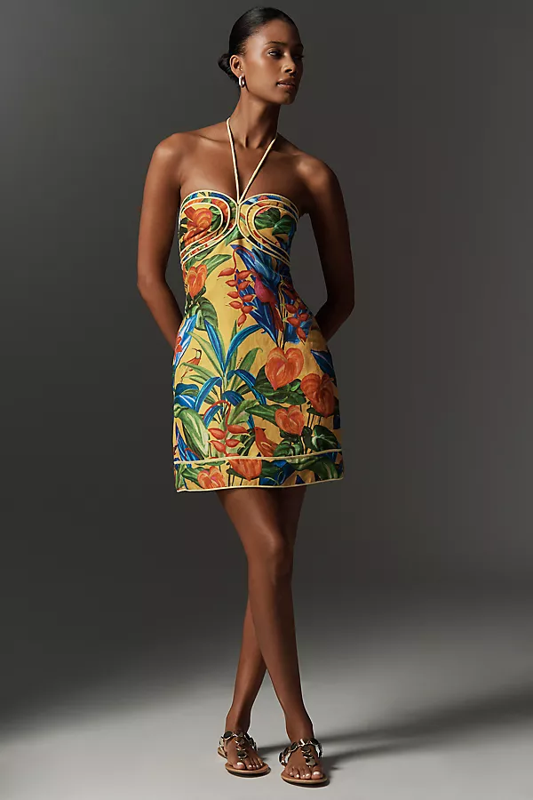 anthropologie Farm Rio Bright Nature Linen Halter Mini Dress Bright Nature Yellow