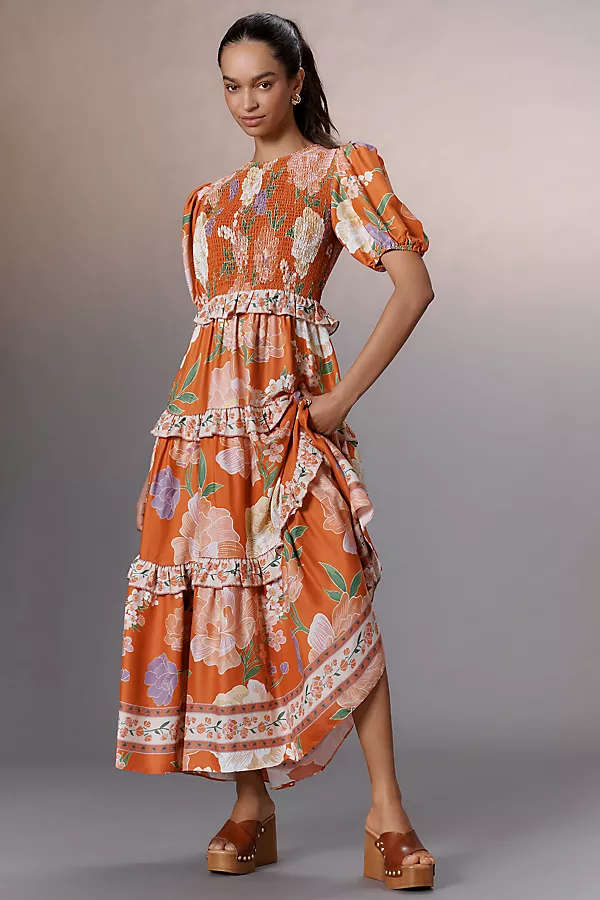 anthropologie Farm Rio Short-Sleeve Crew-Neck Tiered A-Line Maxi Dress Orange Pattern
