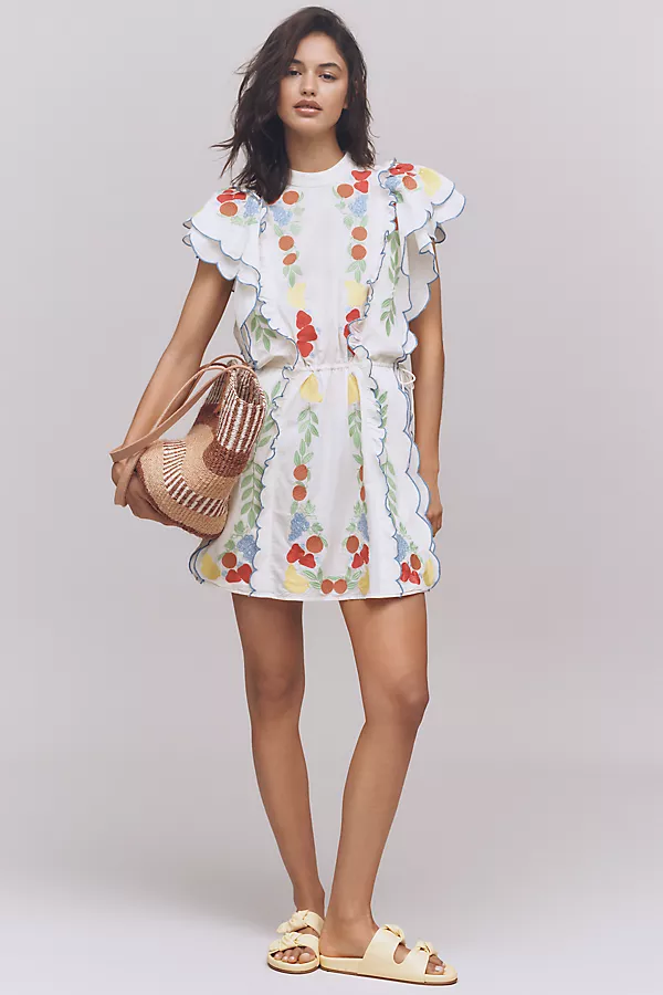 Anthropologie Farm Rio X Anthropologie Embroidered Ruffle Mini Dress At The Table