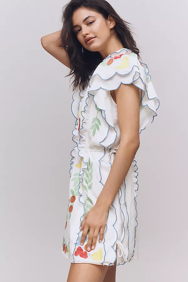 Anthropologie Farm Rio X Anthropologie Embroidered Ruffle Mini Dress At The Table