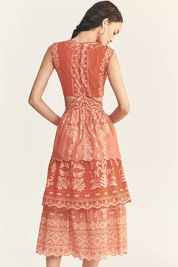 Anthropologie Farm Rio X Anthropologie Eyelet Tiered Ruffle Midi Dress Tropical Cross Stitch