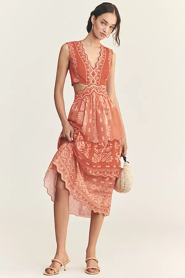 Anthropologie Farm Rio X Anthropologie Eyelet Tiered Ruffle Midi Dress Tropical Cross Stitch