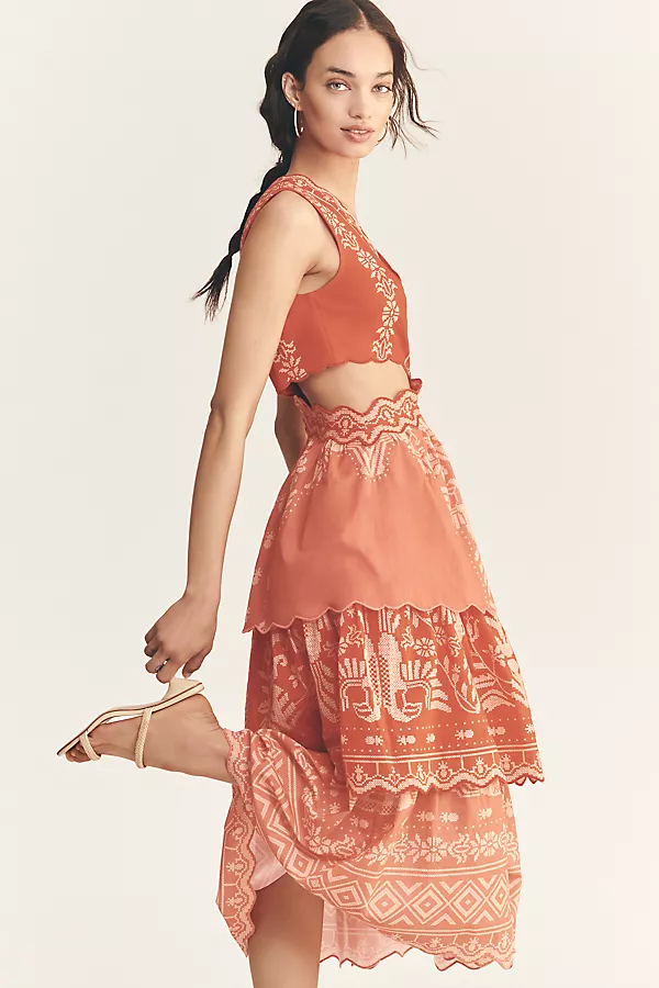 Anthropologie Farm Rio X Anthropologie Eyelet Tiered Ruffle Midi Dress Tropical Cross Stitch