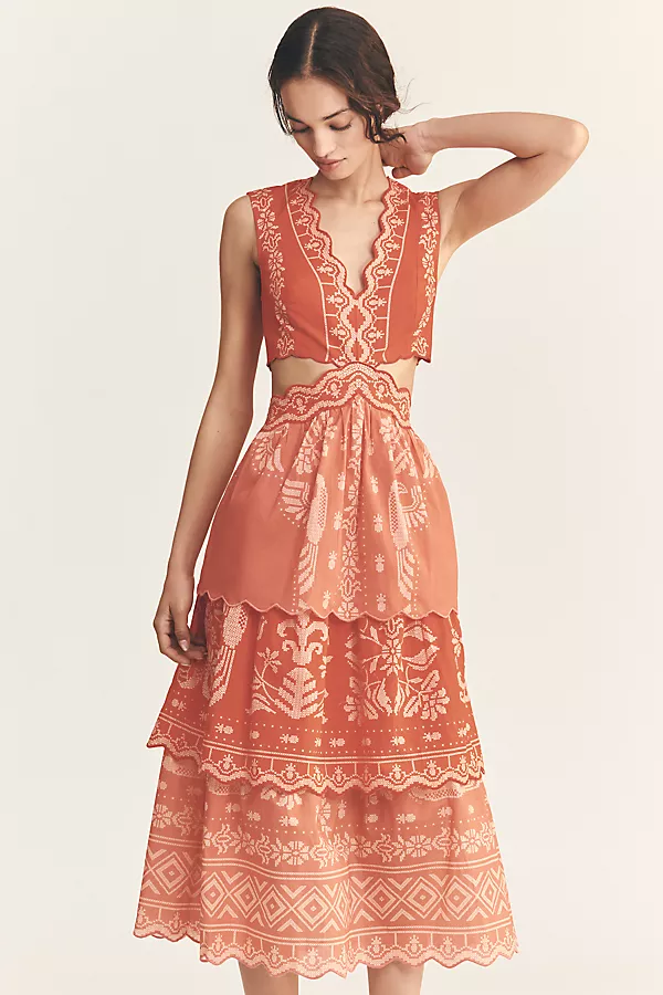 anthropologie Farm Rio x Anthropologie Eyelet Tiered Ruffle Midi Dress Tropical Cross Stitch