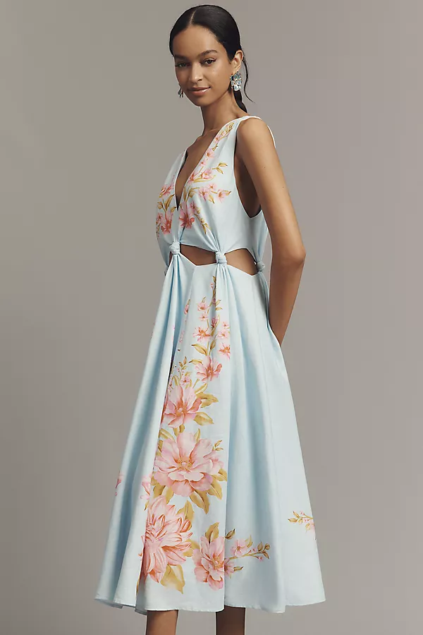 Anthropologie Farm Rio X Anthropologie Linen Blend V-Neck Cutout Midi Dress Gabrielle