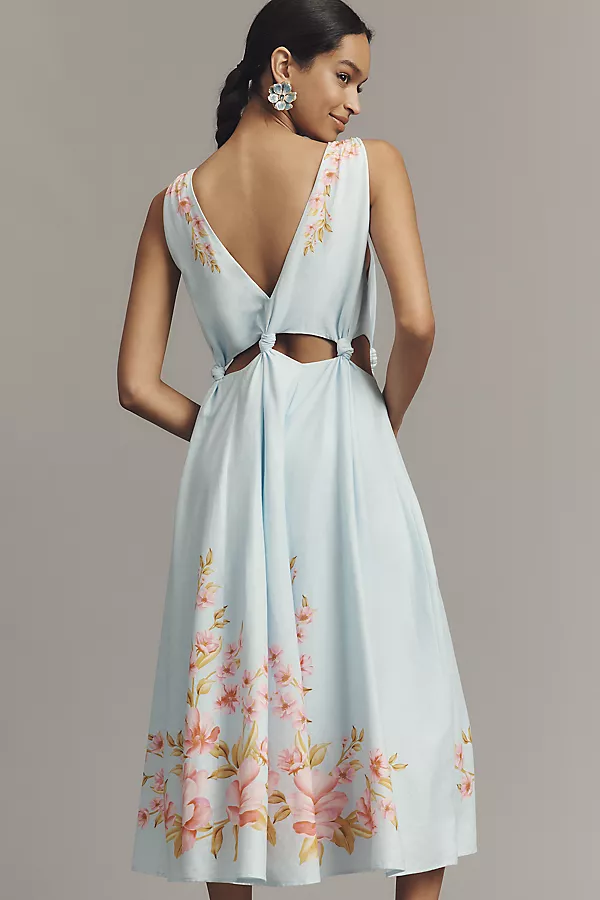 Anthropologie Farm Rio X Anthropologie Linen Blend V-Neck Cutout Midi Dress Gabrielle