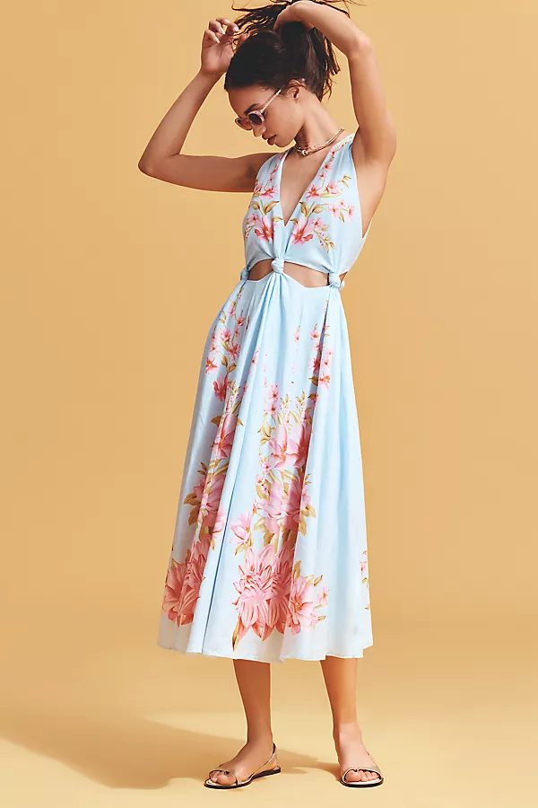 anthropologie Farm Rio x Anthropologie Linen Blend V-Neck Cutout Midi Dress Gabrielle