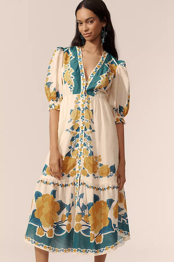 Anthropologie Farm Rio X Anthropologie Puff-Sleeve Printed Midi Dress IVORY