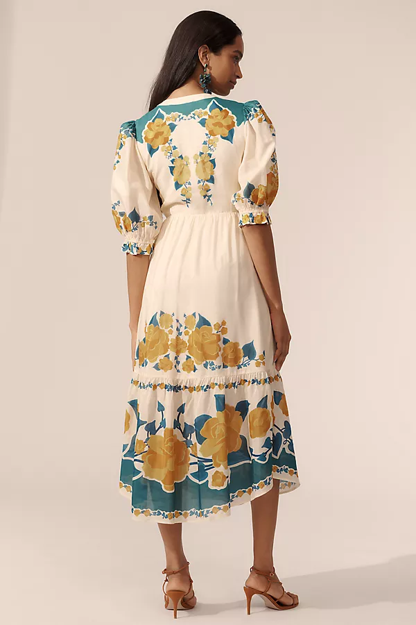 Anthropologie Farm Rio X Anthropologie Puff-Sleeve Printed Midi Dress IVORY