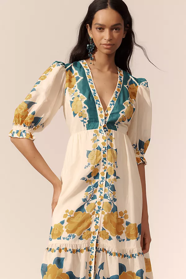 anthropologie Farm Rio x Anthropologie Puff-Sleeve Printed Midi Dress IVORY