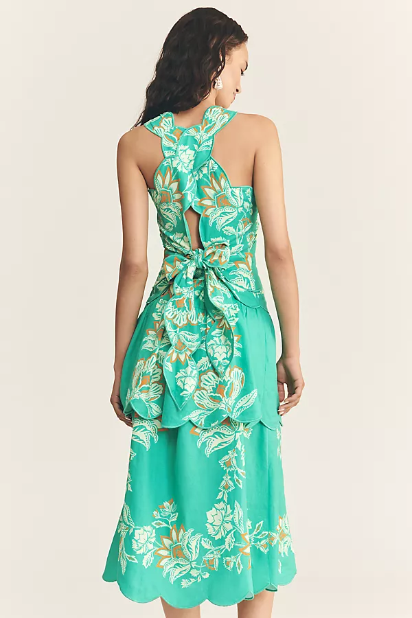 Anthropologie Farm Rio X Anthropologie Scalloped Halter Linen Blend Dress Boho Garden