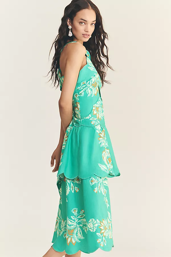 Anthropologie Farm Rio X Anthropologie Scalloped Halter Linen Blend Dress Boho Garden