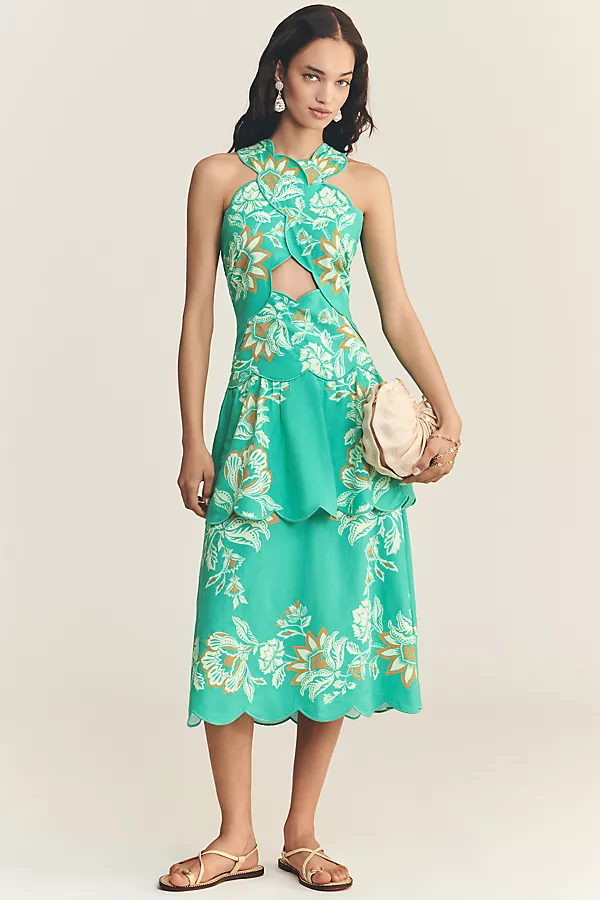 anthropologie Farm Rio x Anthropologie Scalloped Halter Linen Blend Dress Boho Garden