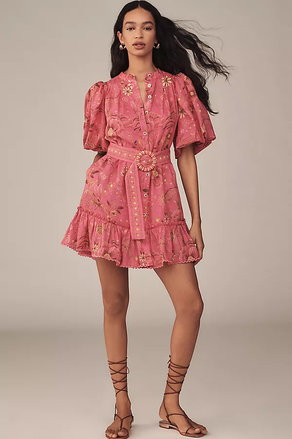 Anthropologie Farm Rio X Anthropologie Short-Sleeve Button-Front Mini Dress Pink