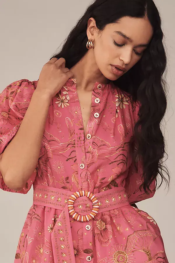 Anthropologie Farm Rio X Anthropologie Short-Sleeve Button-Front Mini Dress Pink