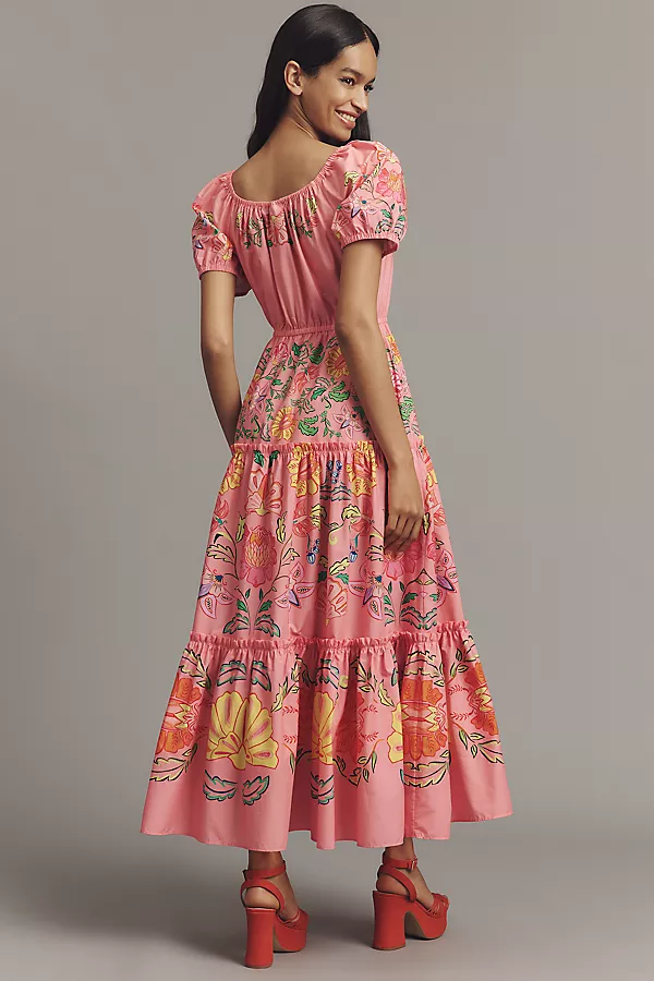 Anthropologie Farm Rio X Anthropologie Tiered Puff-Sleeve Midi Dress Floral Insects