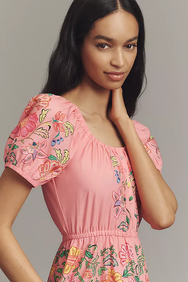 Anthropologie Farm Rio X Anthropologie Tiered Puff-Sleeve Midi Dress Floral Insects