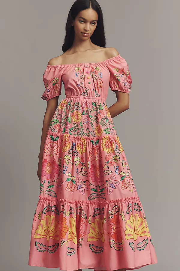 Anthropologie Farm Rio X Anthropologie Tiered Puff-Sleeve Midi Dress Floral Insects