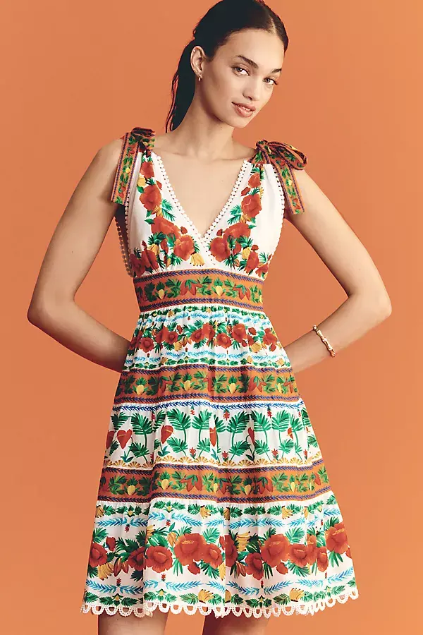 Anthropologie Farm Rio X Anthropologie V-Neck Tiered Mini Dress Tropical Foliage Ainika