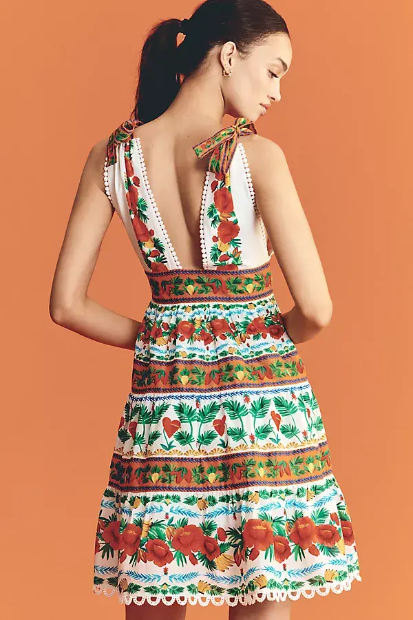 Anthropologie Farm Rio X Anthropologie V-Neck Tiered Mini Dress Tropical Foliage Ainika