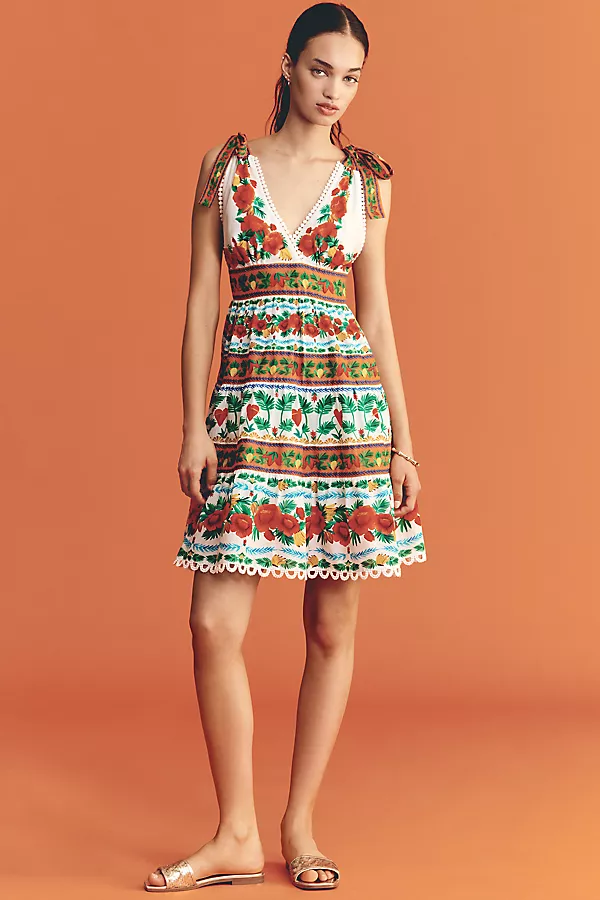 Anthropologie Farm Rio X Anthropologie V-Neck Tiered Mini Dress Tropical Foliage Ainika