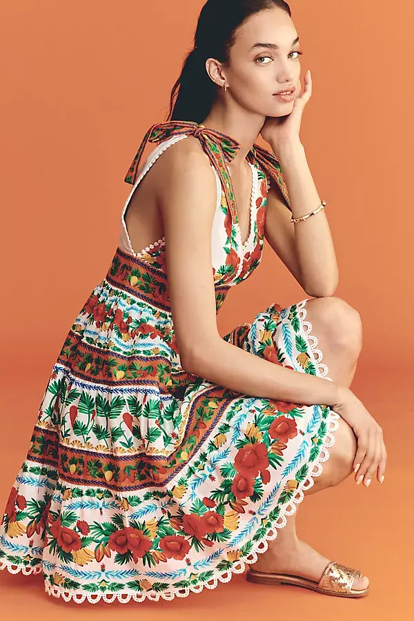 anthropologie Farm Rio x Anthropologie V-Neck Tiered Mini Dress Tropical Foliage Ainika