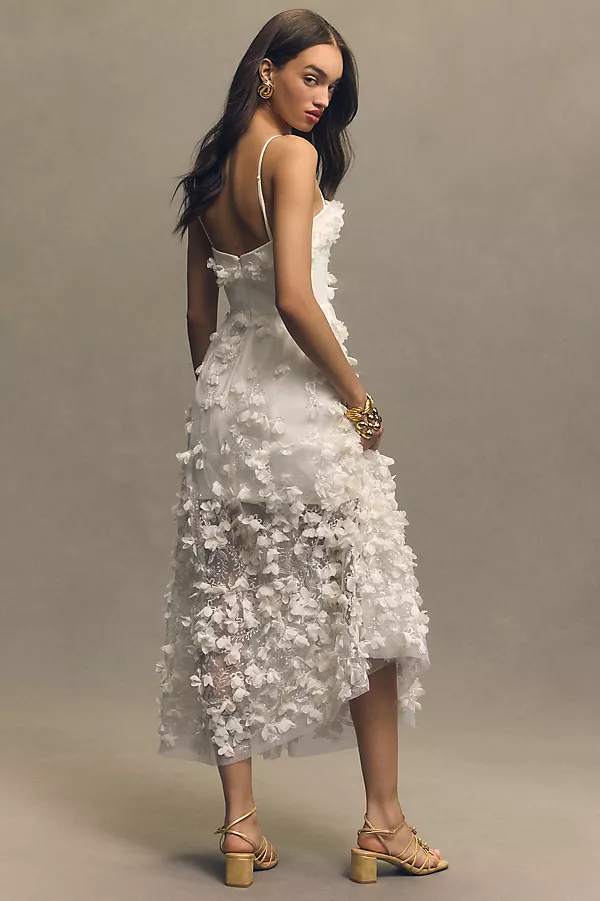 Anthropologie Helsi Audrey Square-Neck Floral Appliqué Sheer Midi Dress Ivory