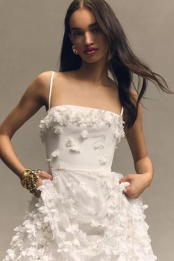 Anthropologie Helsi Audrey Square-Neck Floral Appliqué Sheer Midi Dress Ivory