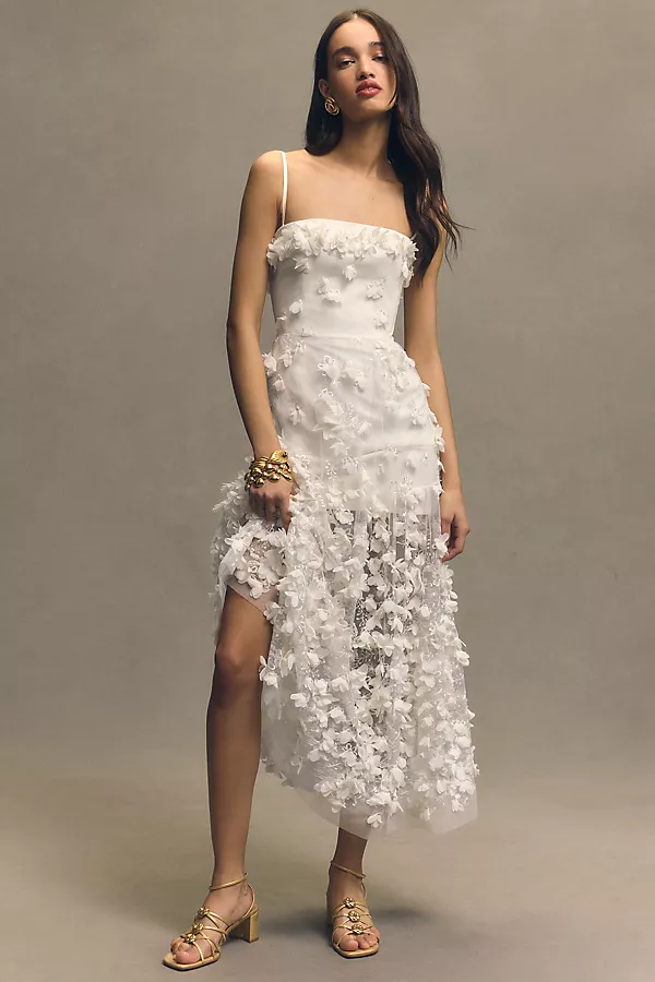 Anthropologie Helsi Audrey Square-Neck Floral Appliqué Sheer Midi Dress Ivory