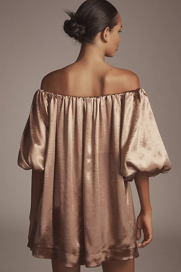 Anthropologie Heynasreen X Mare Mare Off-The-Shoulder Puff-Sleeve Shine Mini Dress Mocha