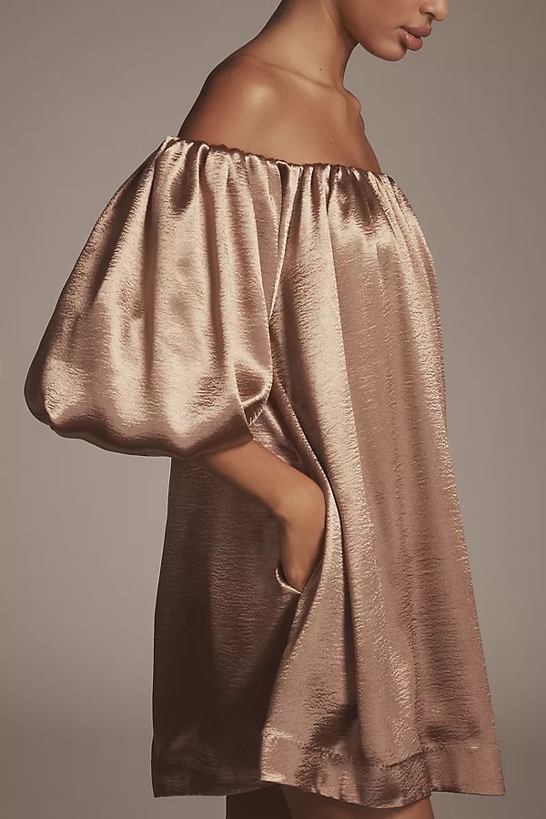 Anthropologie Heynasreen X Mare Mare Off-The-Shoulder Puff-Sleeve Shine Mini Dress Mocha