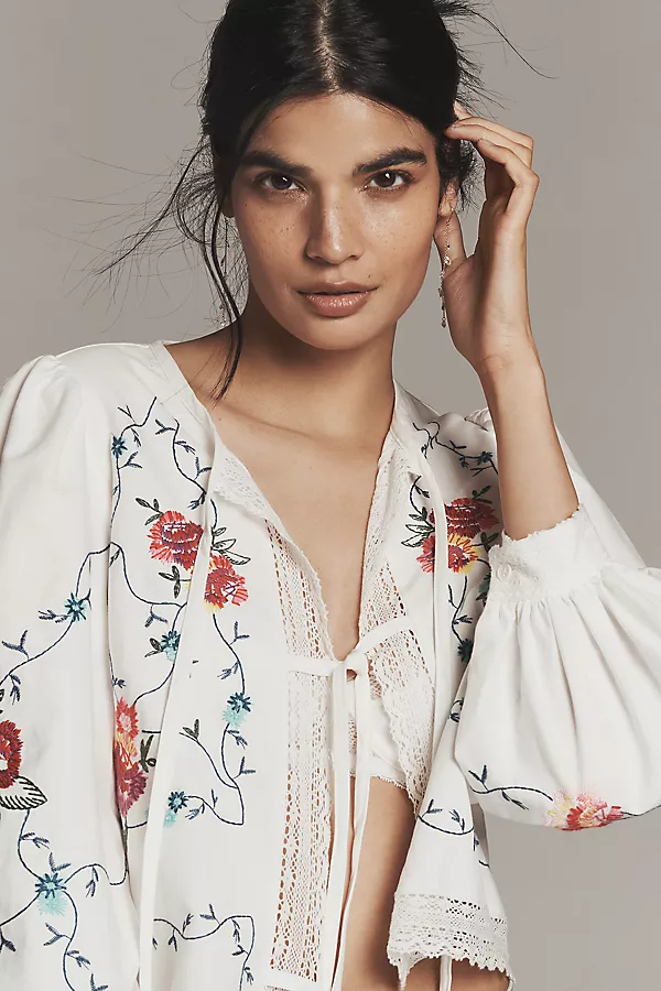 Anthropologie Hunter Bell Kaite Front-Tie Top Multi Embroidery