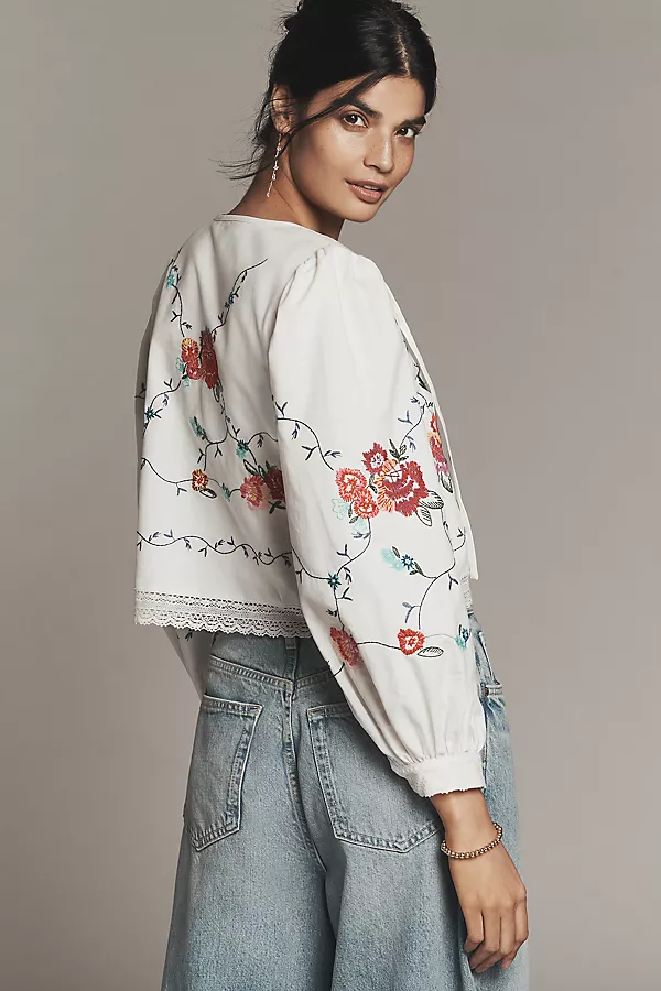 Anthropologie Hunter Bell Kaite Front-Tie Top Multi Embroidery