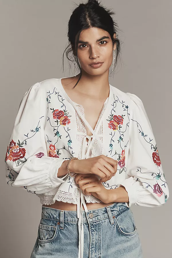 anthropologie Hunter Bell Kaite Front-Tie Top Multi Embroidery