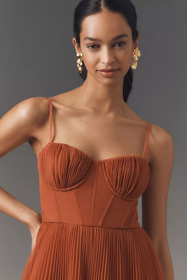 Anthropologie Hutch Amara Corset Pleated Tulle Fit & Flare Midi Dress New Bronze