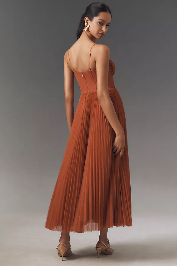 Anthropologie Hutch Amara Corset Pleated Tulle Fit & Flare Midi Dress New Bronze