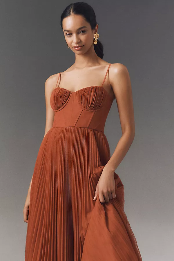 Anthropologie Hutch Amara Corset Pleated Tulle Fit & Flare Midi Dress New Bronze