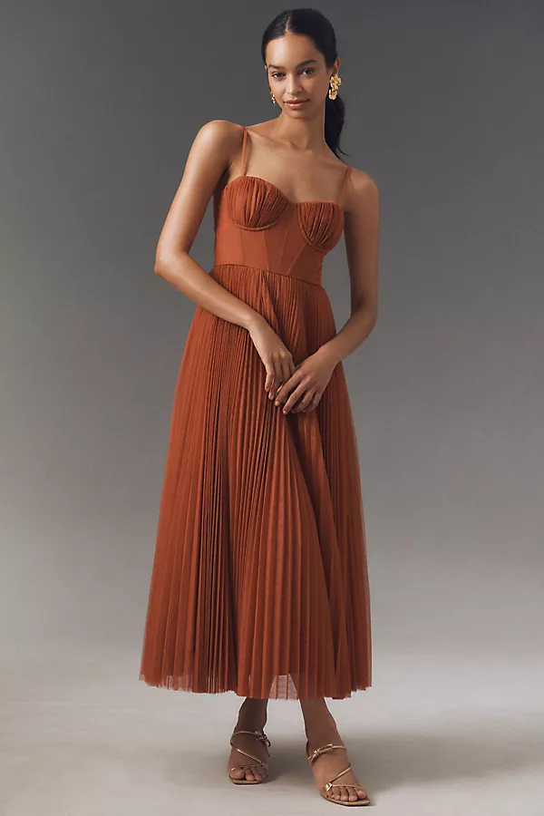 anthropologie Hutch Amara Corset Pleated Tulle Fit & Flare Midi Dress New Bronze