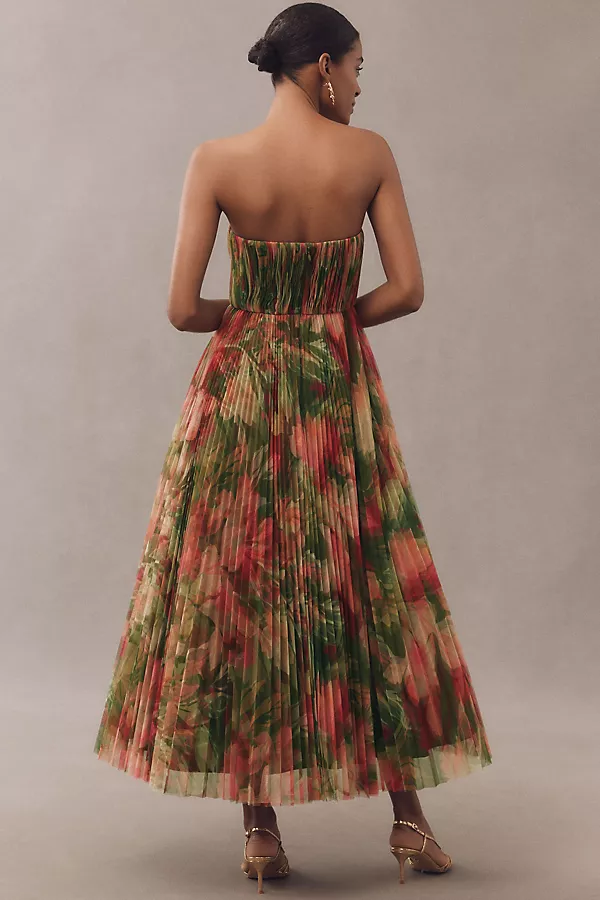 Anthropologie Hutch Corene Strapless Floral Tulle A-Line Midi Dress Green Pattern
