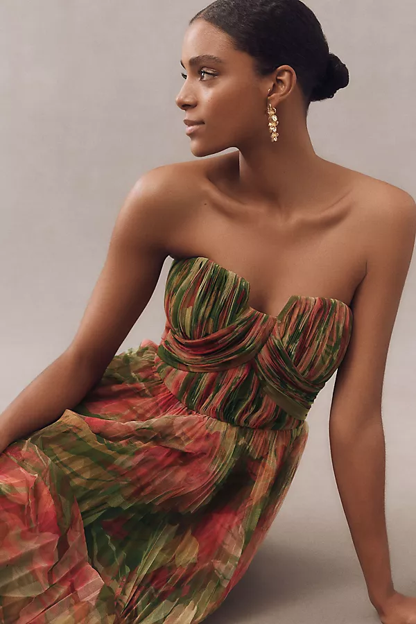 Anthropologie Hutch Corene Strapless Floral Tulle A-Line Midi Dress Green Pattern