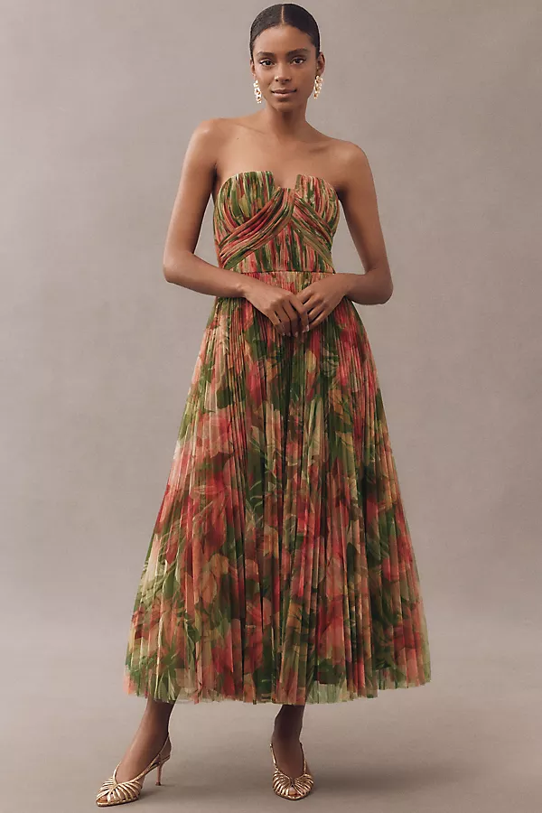 anthropologie Hutch Corene Strapless Floral Tulle A-Line Midi Dress Green Pattern