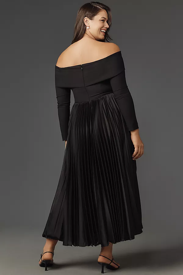 Anthropologie Hutch Long-Sleeve Off-The-Shoulder Pleated Maxi Dress Black