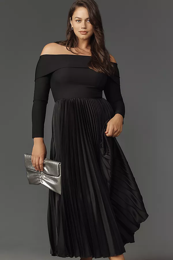 Anthropologie Hutch Long-Sleeve Off-The-Shoulder Pleated Maxi Dress Black