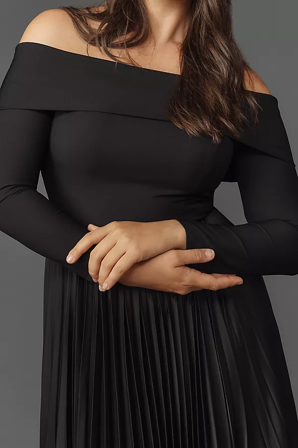Anthropologie Hutch Long-Sleeve Off-The-Shoulder Pleated Maxi Dress Black