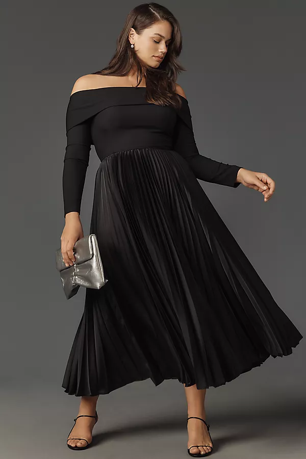anthropologie Hutch Long-Sleeve Off-The-Shoulder Pleated Maxi Dress Black