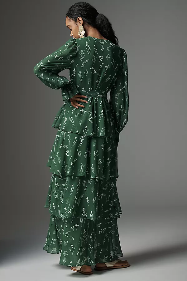 Anthropologie Hutch Long-Sleeve V-Neck Wrap Maxi Dress Green Pattern