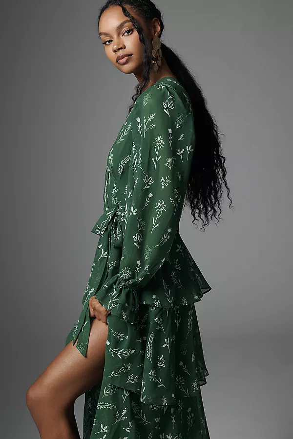 Anthropologie Hutch Long-Sleeve V-Neck Wrap Maxi Dress Green Pattern